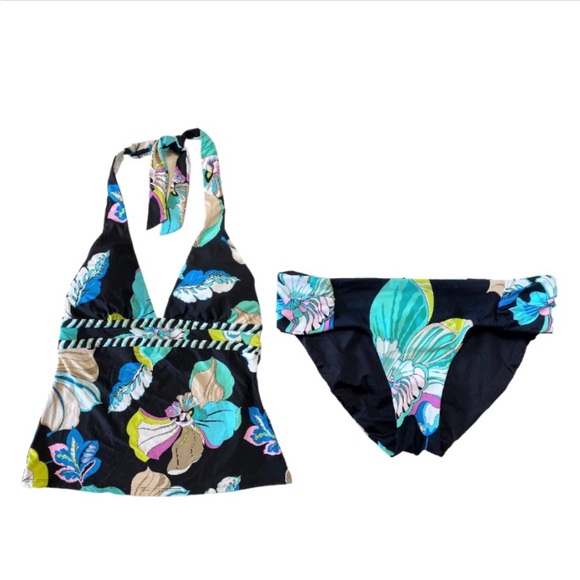NWT Trina Turk Sintra Black Tropical Flora Halter Tankini Swimsuit Set Size 2 - Picture 8 of 16